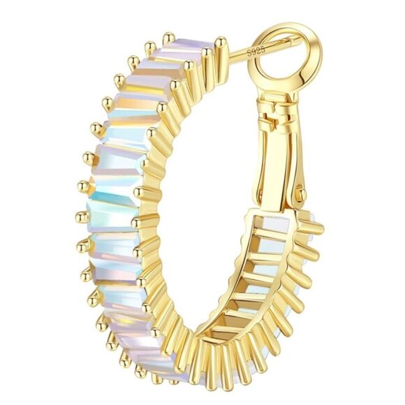 14K Yellow Gold with Iridescent AB Cubic Zirconia Drop Hoop Leverback Earrings - Picture 2 of 7